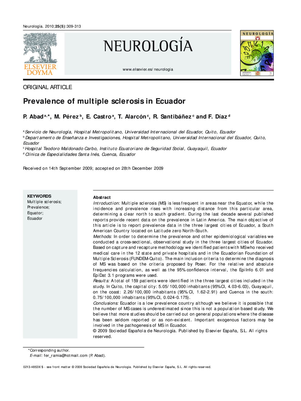 Prevalence of multiple sclerosis in Ecuador