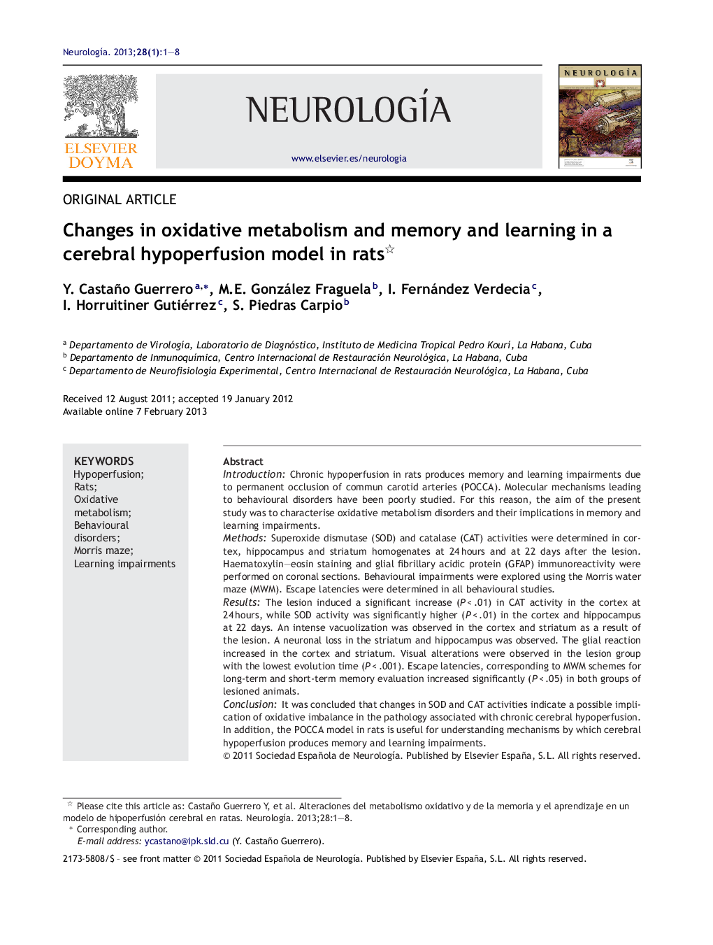 Changes in oxidative metabolism and memory and learning in a cerebral hypoperfusion model in rats 