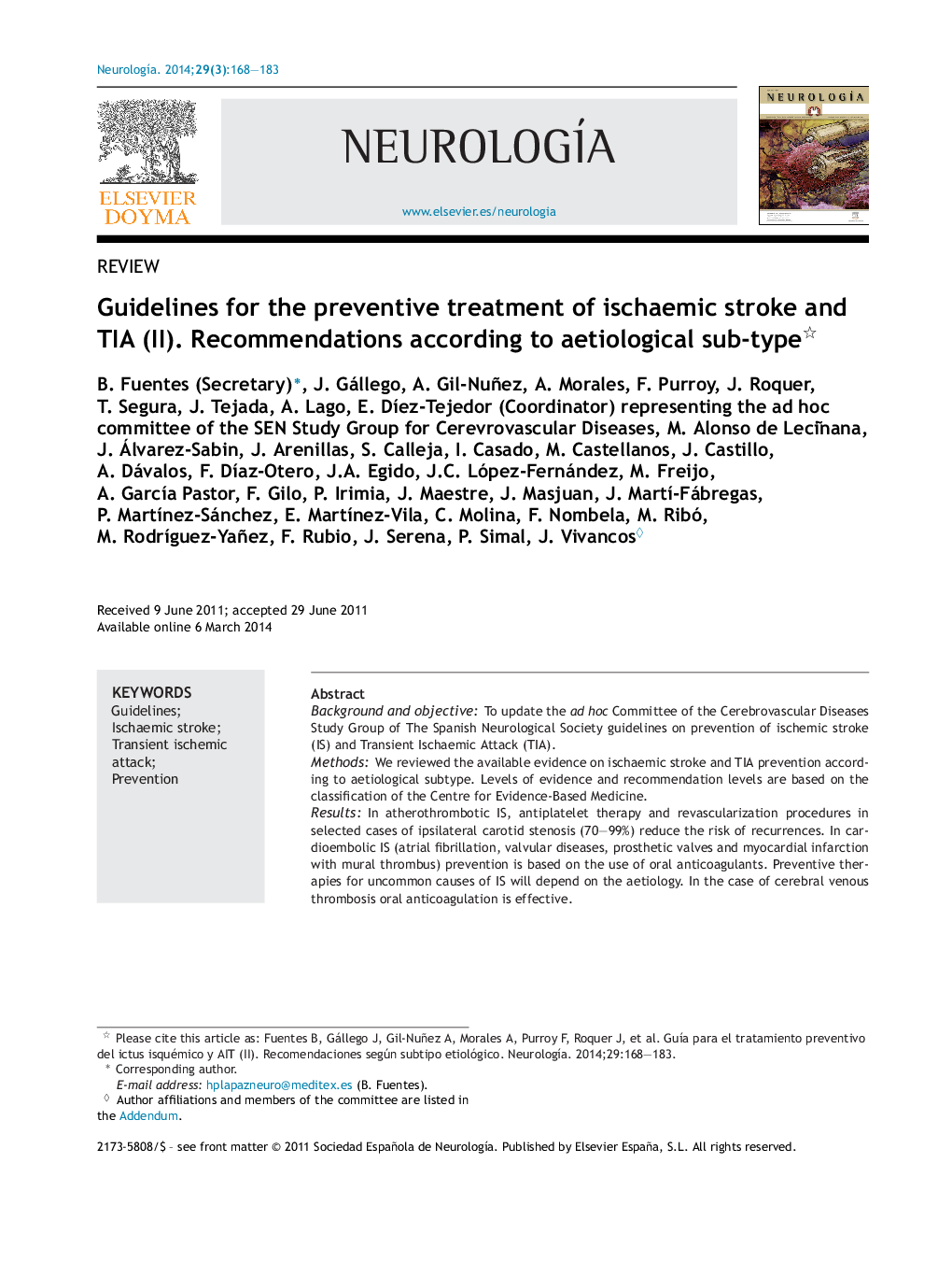 Guidelines for the preventive treatment of ischaemic stroke and TIA (II). Recommendations according to aetiological sub-type 