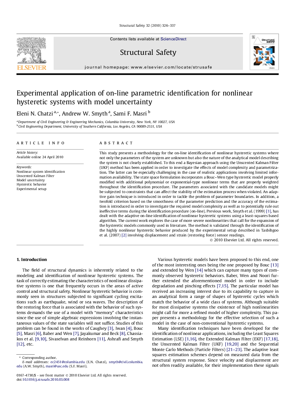 عکس صفحه اول مقاله: Experimental application of on-line parametric identification for nonlinear hysteretic systems with model uncertainty Experimental application of on-line parametric identification for nonlinear hysteretic systems with model uncertainty