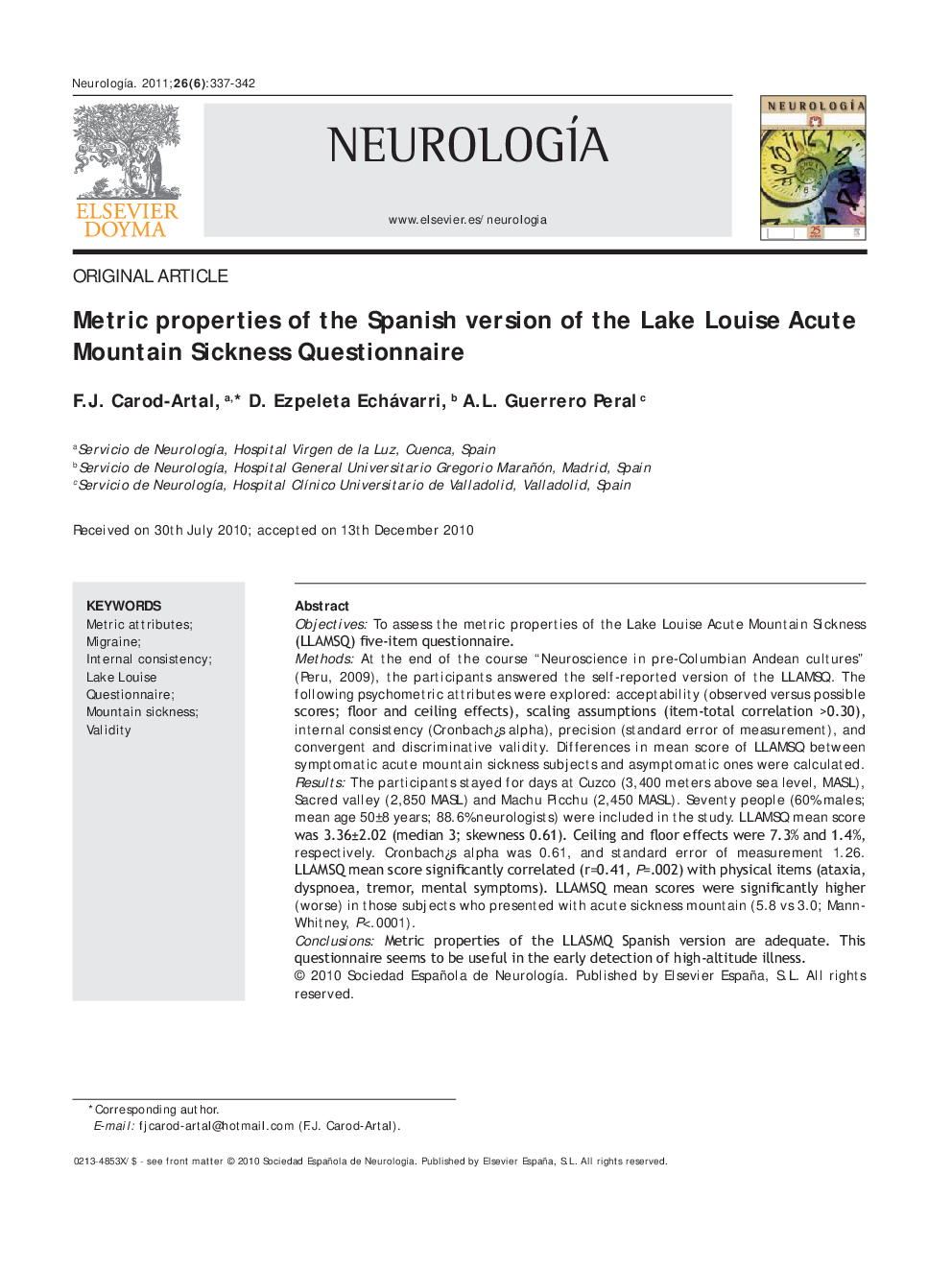 Metric properties of the Spanish version of the Lake Louise Acute Mountain Sickness Questionnaire