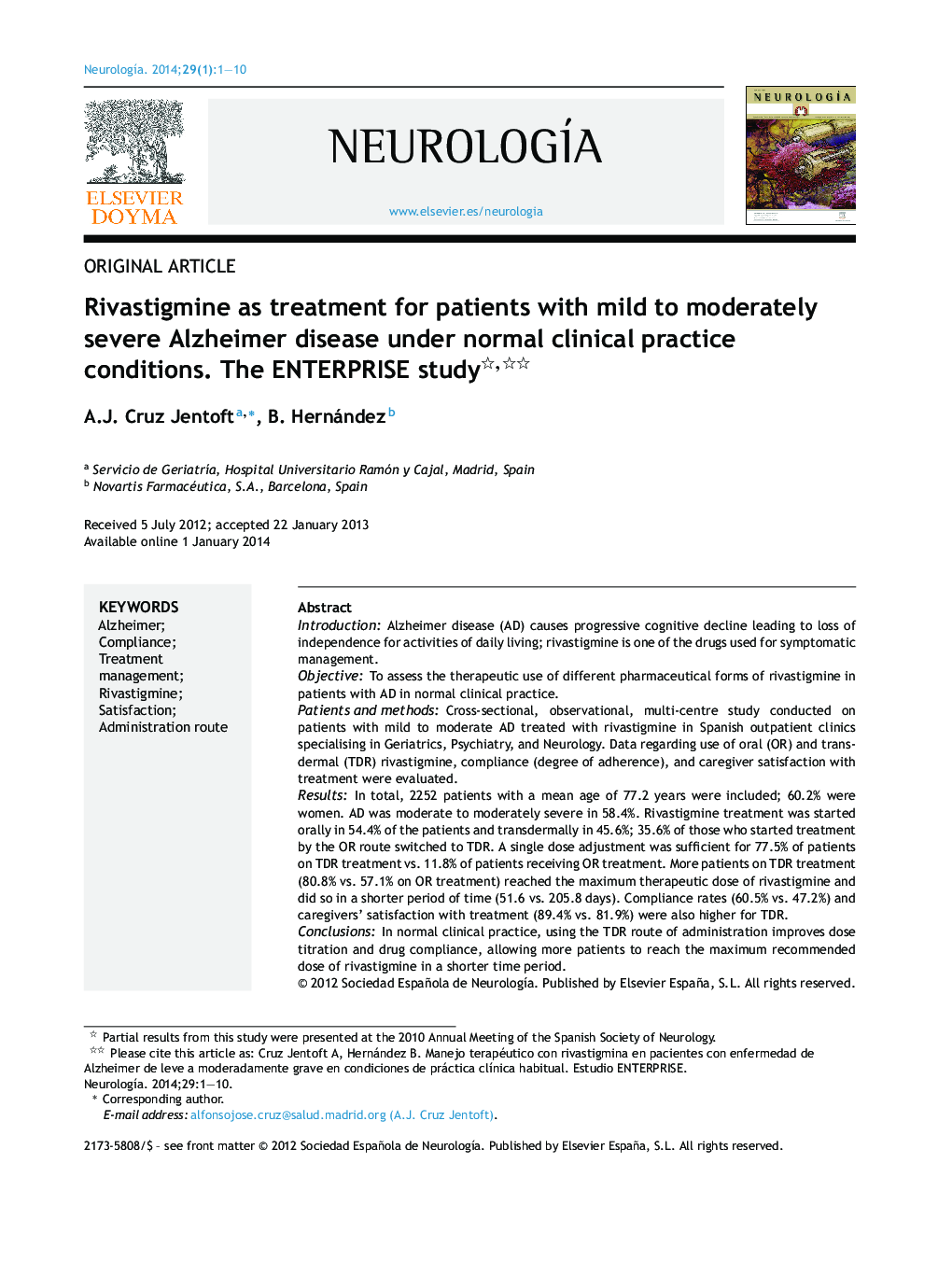 Rivastigmine as treatment for patients with mild to moderately severe Alzheimer disease under normal clinical practice conditions. The ENTERPRISE study 