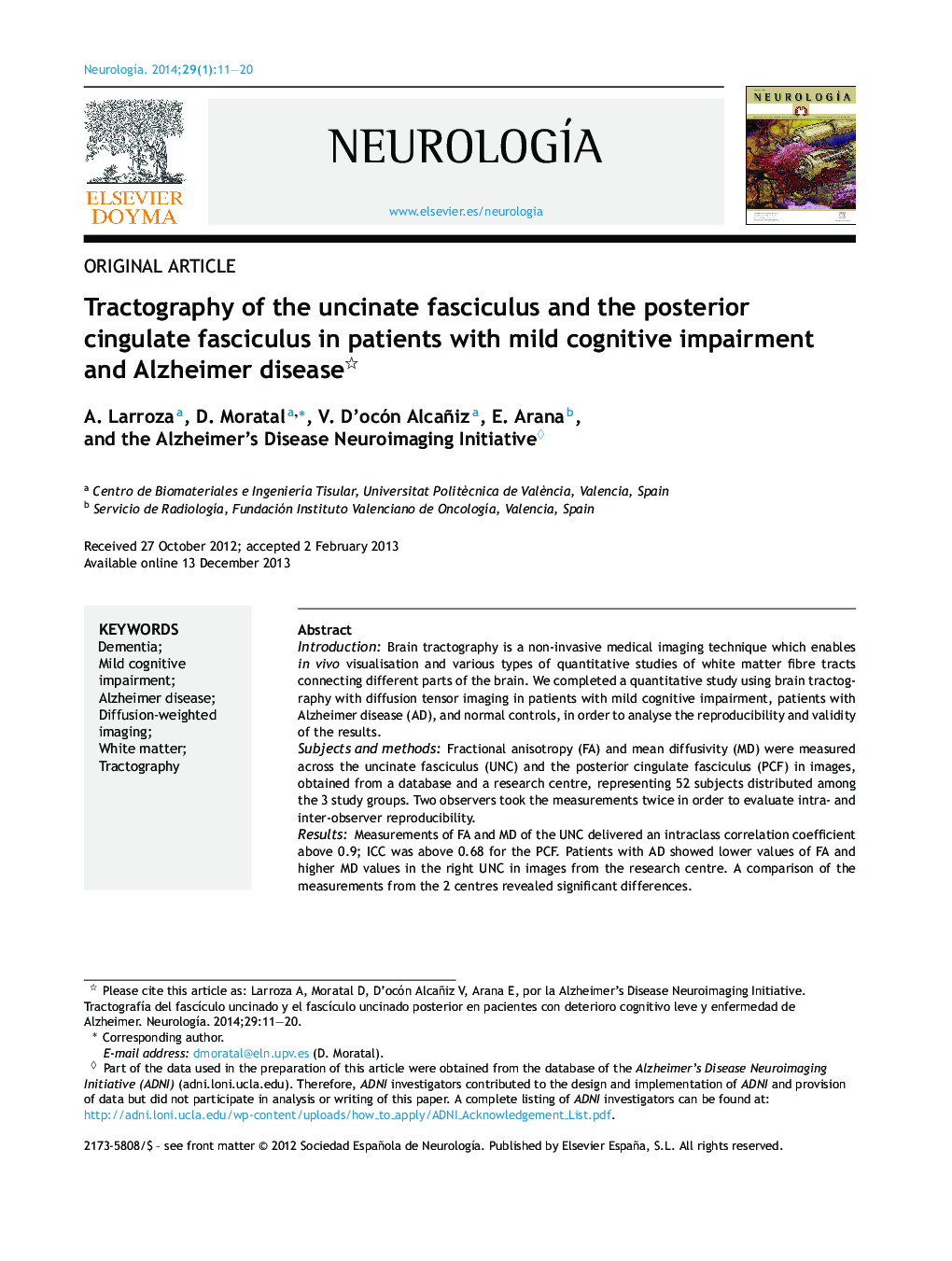 Tractography of the uncinate fasciculus and the posterior cingulate fasciculus in patients with mild cognitive impairment and Alzheimer disease 