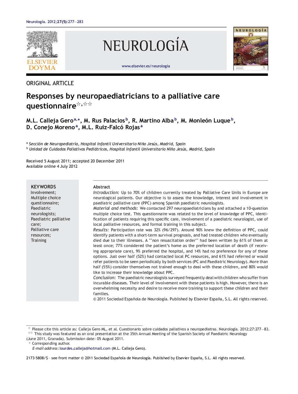 Responses by neuropaediatricians to a palliative care questionnaire