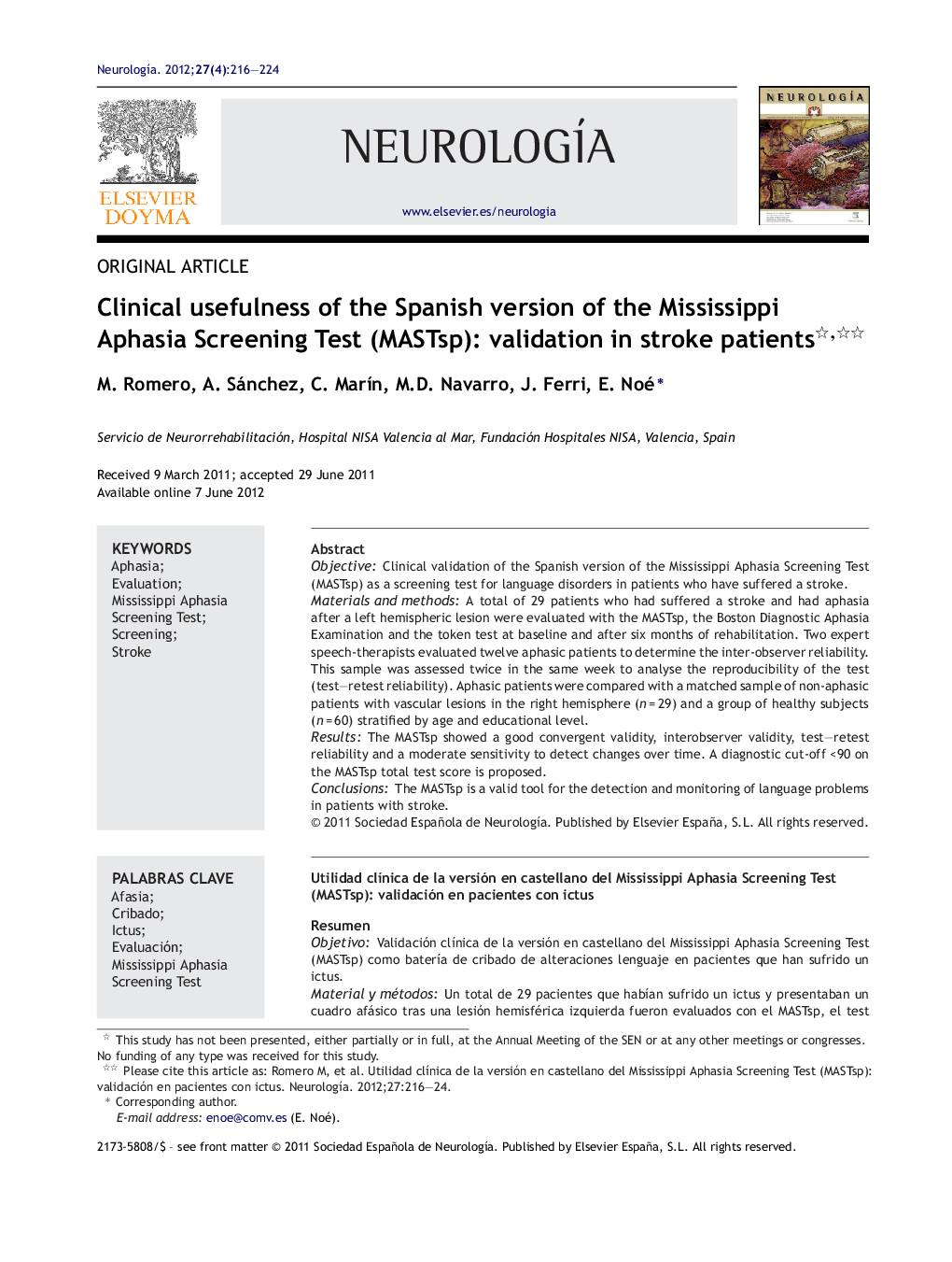 Clinical usefulness of the Spanish version of the Mississippi Aphasia Screening Test (MASTsp): validation in stroke patients 