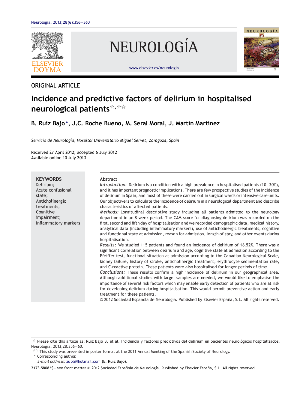 Incidence and predictive factors of delirium in hospitalised neurological patients 