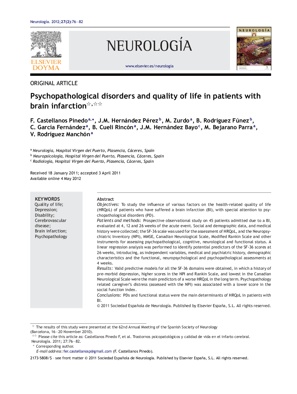 Psychopathological disorders and quality of life in patients with brain infarction