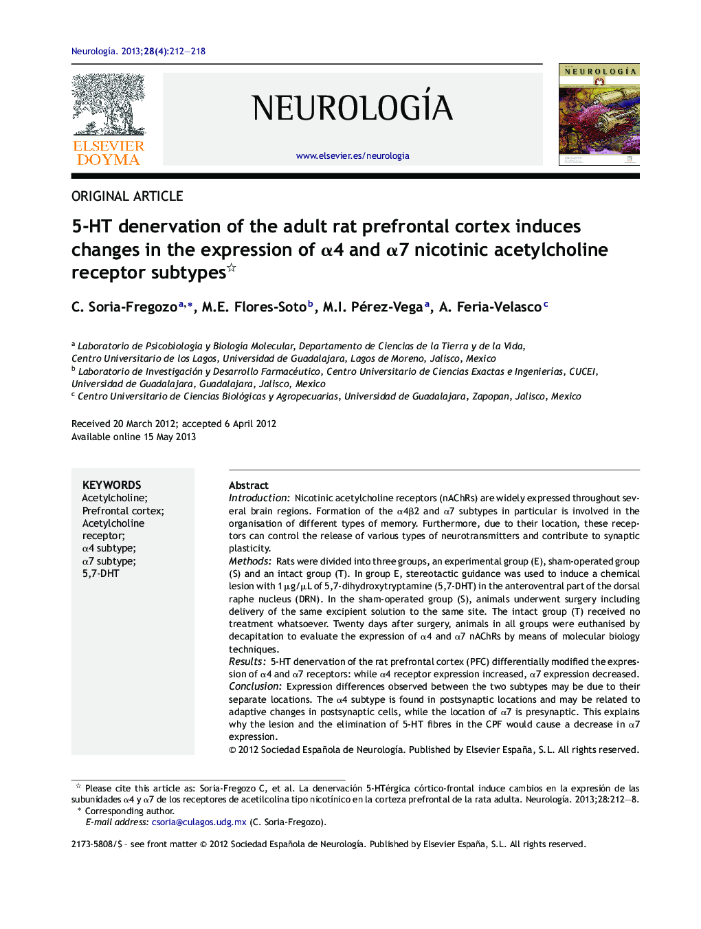 5-HT denervation of the adult rat prefrontal cortex induces changes in the expression of α4 and α7 nicotinic acetylcholine receptor subtypes 