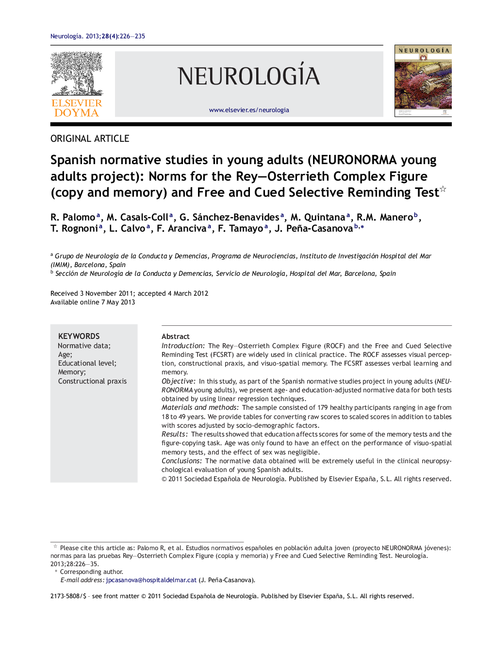 Spanish normative studies in young adults (NEURONORMA young adults project): Norms for the Rey–Osterrieth Complex Figure (copy and memory) and Free and Cued Selective Reminding Test 