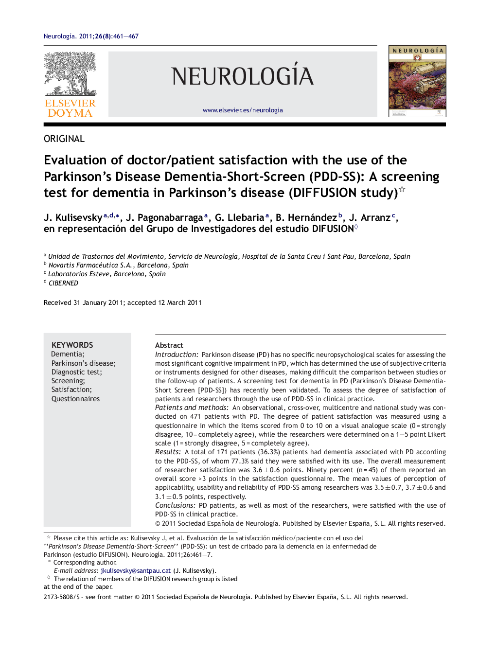 Evaluation of doctor/patient satisfaction with the use of the Parkinson's Disease Dementia-Short-Screen (PDD-SS): a screening test for dementia in Parkinson's disease (DIFFUSION study) 