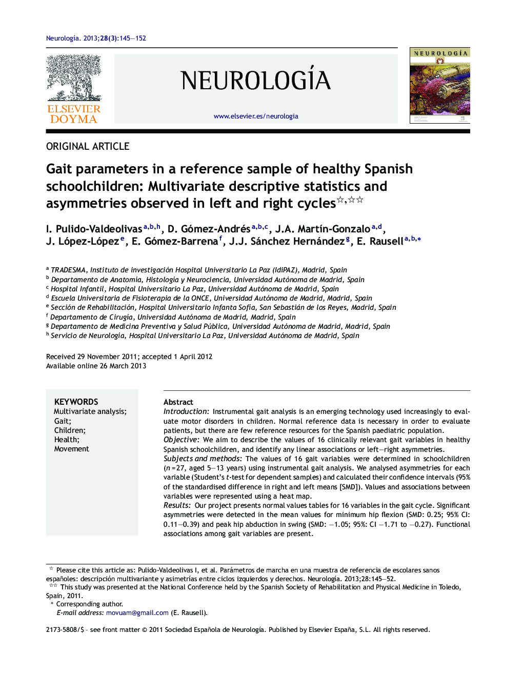 Gait parameters in a reference sample of healthy Spanish schoolchildren: Multivariate descriptive statistics and asymmetries observed in left and right cycles 