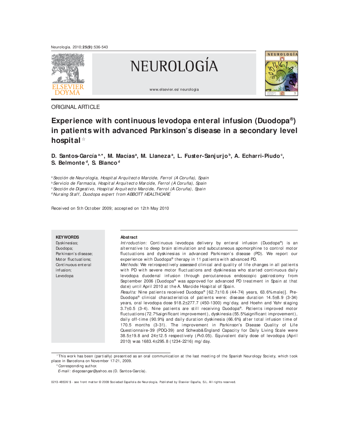 Experience with continuous levodopa enteral infusion (Duodopa®)in patients with advanced Parkinson's disease in a secondary level hospital 