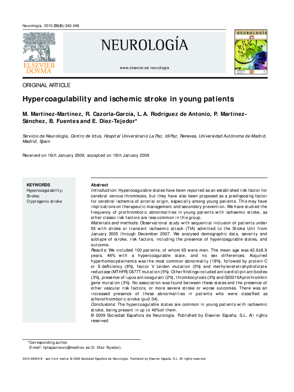 Hypercoagulability and ischemic stroke in young patients