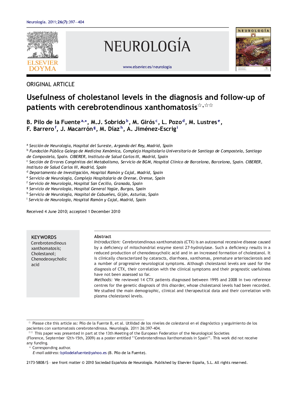 Usefulness of cholestanol levels in the diagnosis and follow-up of patients with cerebrotendinous xanthomatosis 