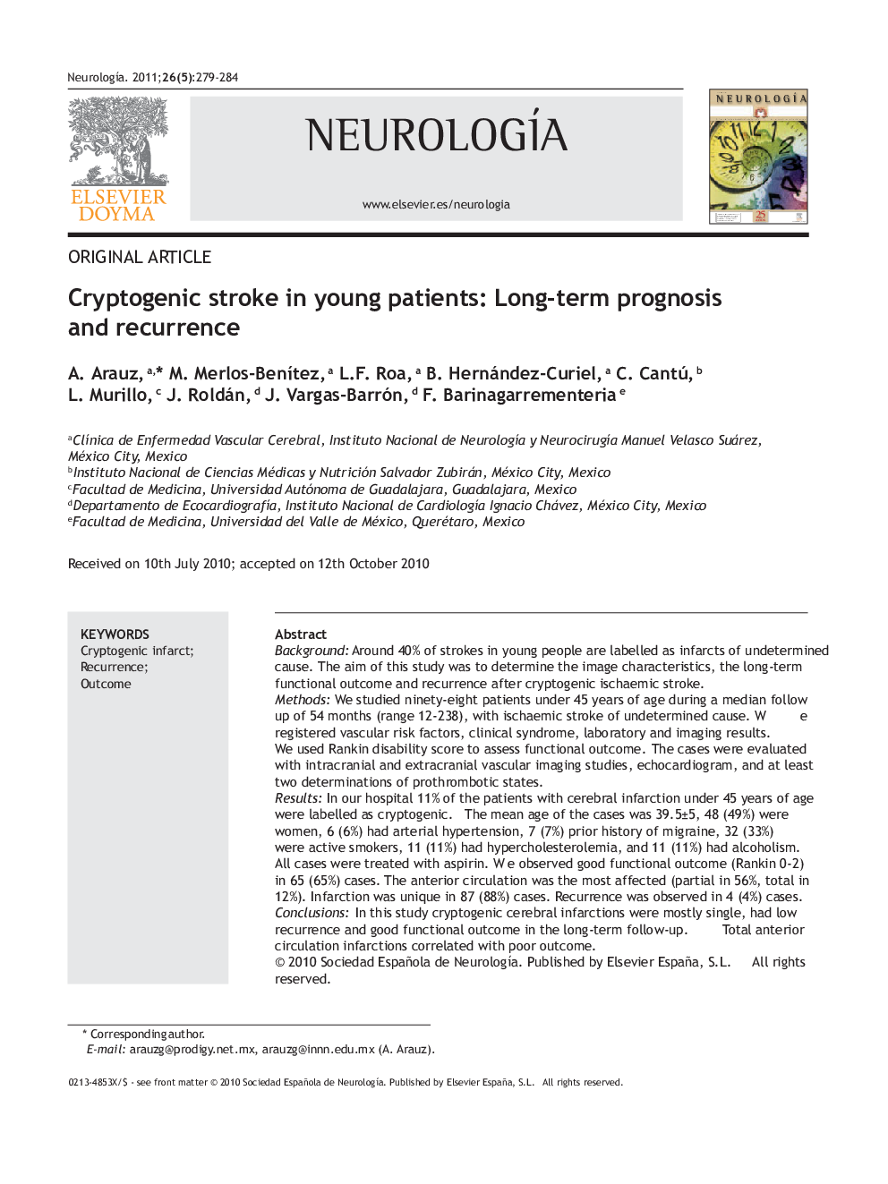 Cryptogenic stroke in young patients: Long-term prognosis and recurrence