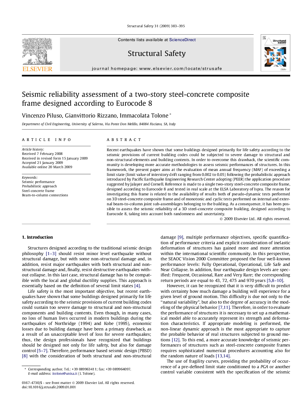 Seismic reliability assessment of a two-story steel-concrete composite frame designed according to Eurocode 8