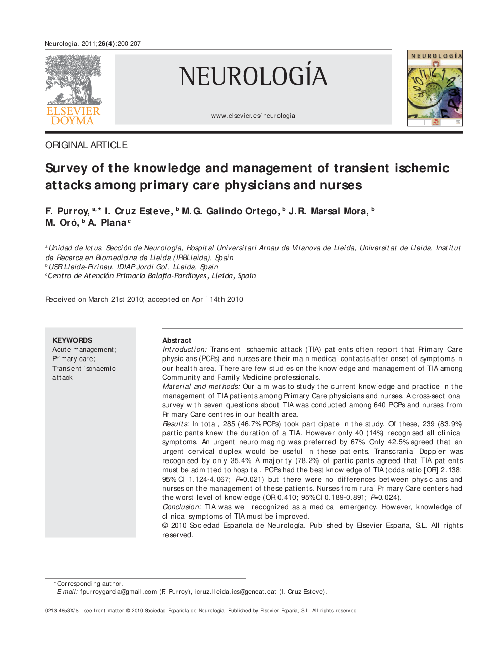 Survey of the knowledge and management of transient ischemic attacks among primary care physicians and nurses