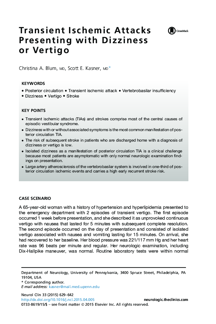 Transient Ischemic Attacks Presenting with Dizziness or Vertigo