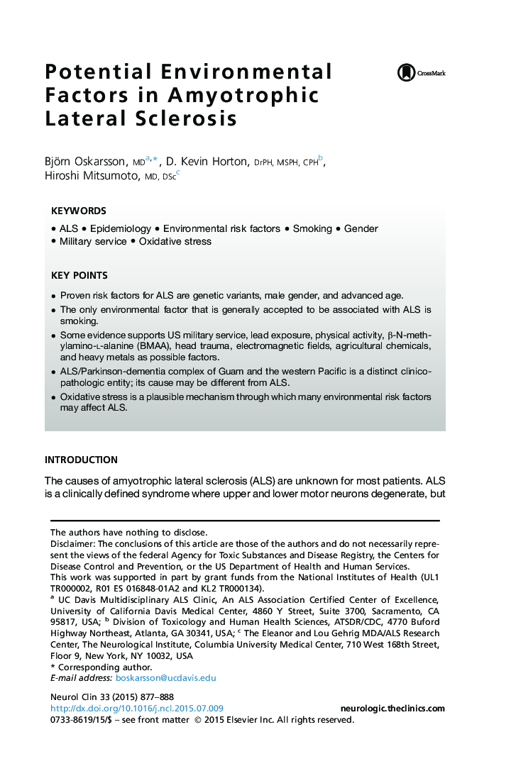 Potential Environmental Factors in Amyotrophic Lateral Sclerosis