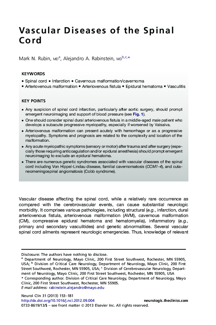 Vascular Diseases of the Spinal Cord