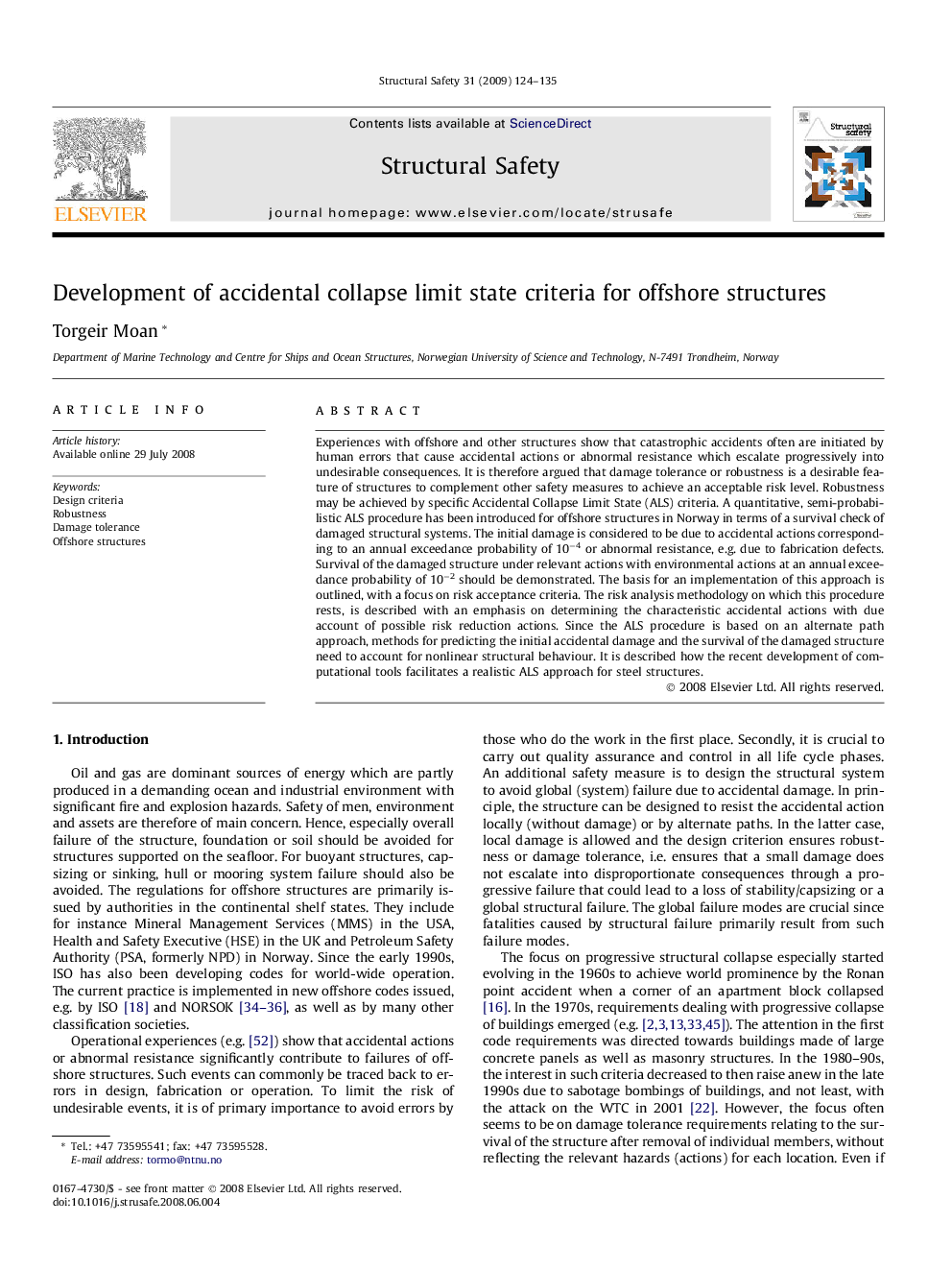 Development of accidental collapse limit state criteria for offshore structures