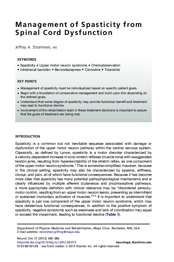 Management of Spasticity from Spinal Cord Dysfunction