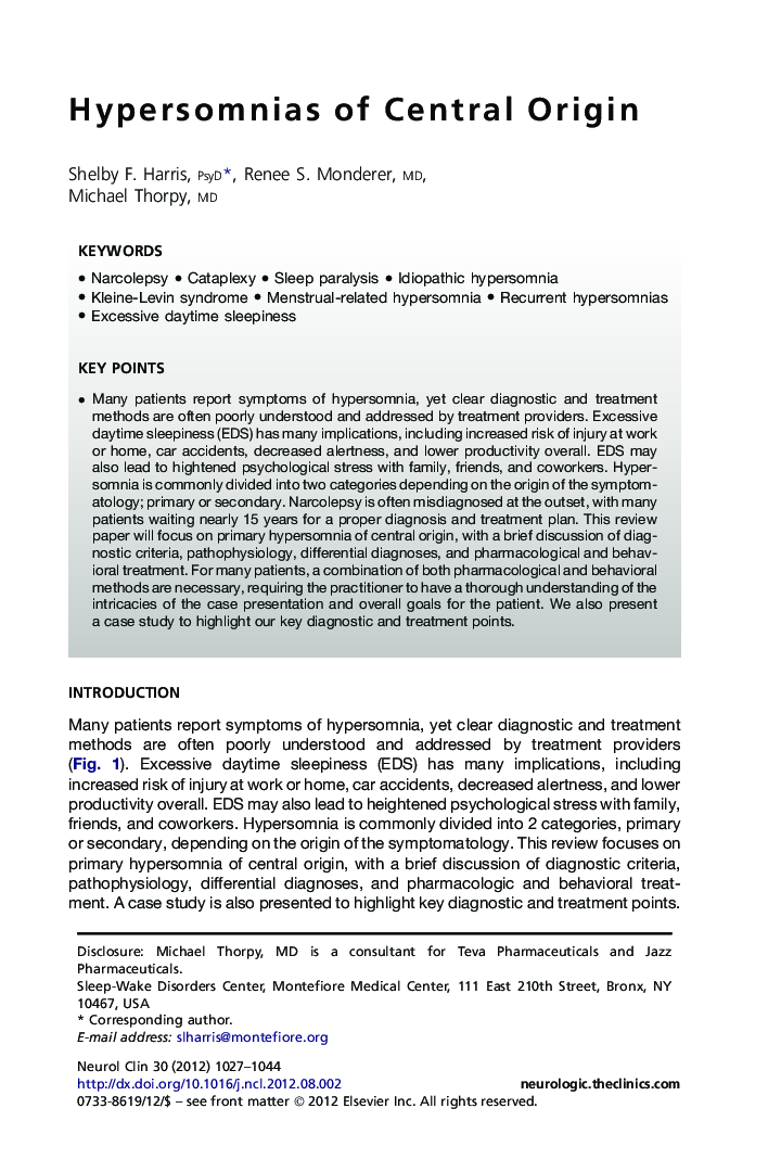 Hypersomnias of Central Origin