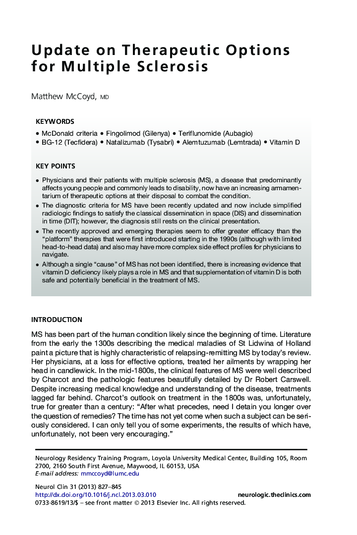 Update on Therapeutic Options for Multiple Sclerosis