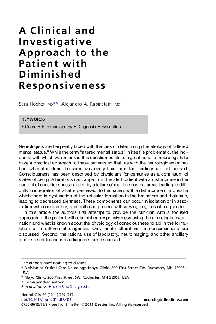 A Clinical and Investigative Approach to the Patient with Diminished Responsiveness