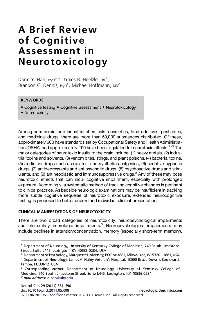 A Brief Review of Cognitive Assessment in Neurotoxicology