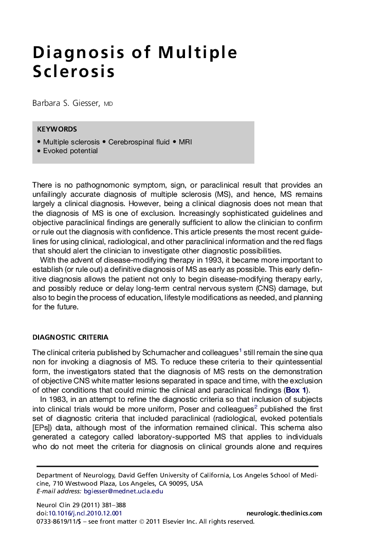 Diagnosis of Multiple Sclerosis