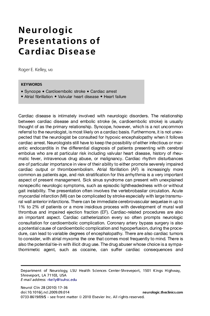 Neurologic Presentations of Cardiac Disease