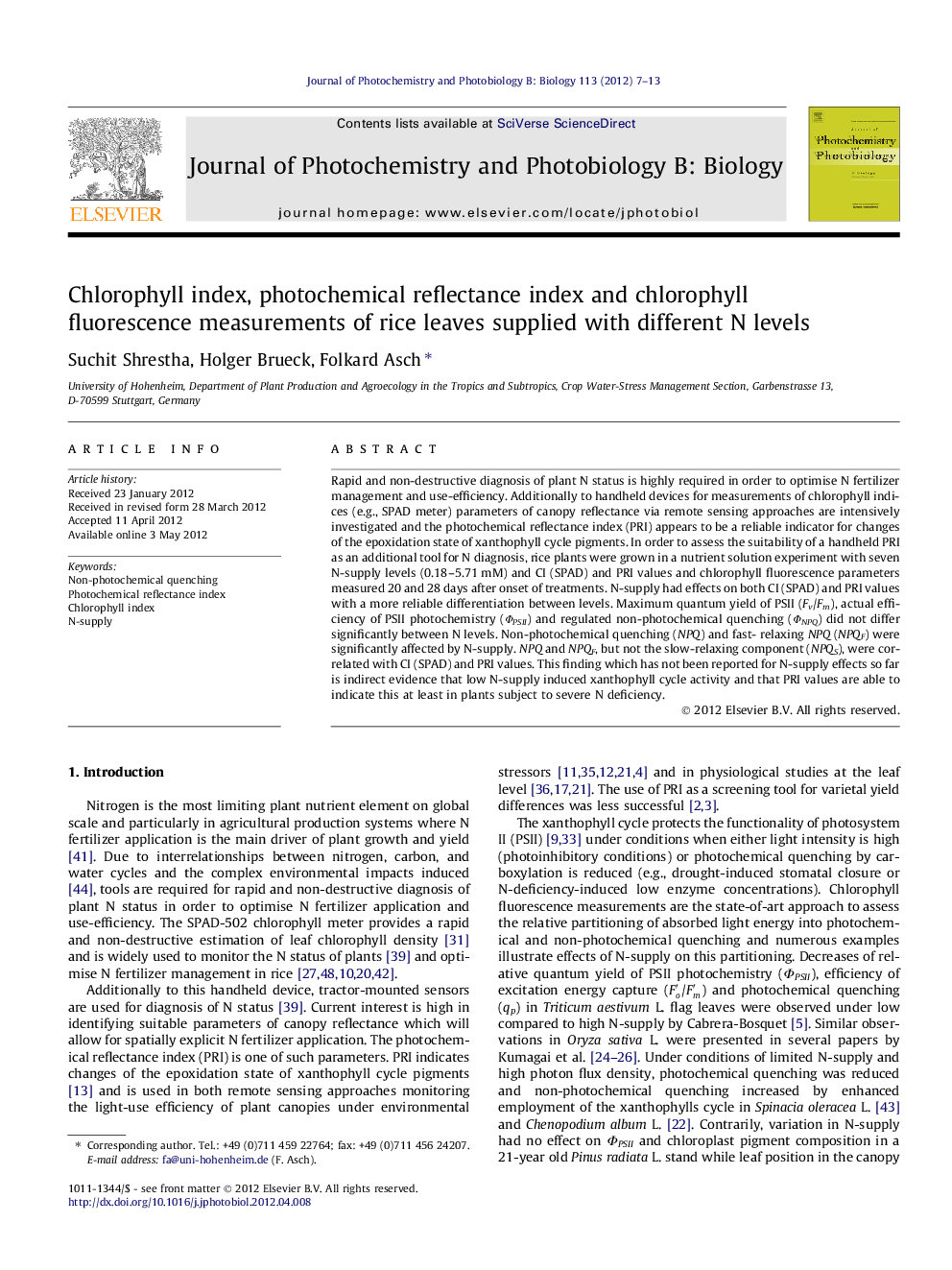 Chlorophyll index, photochemical reflectance index and chlorophyll fluorescence measurements of rice leaves supplied with different N levels