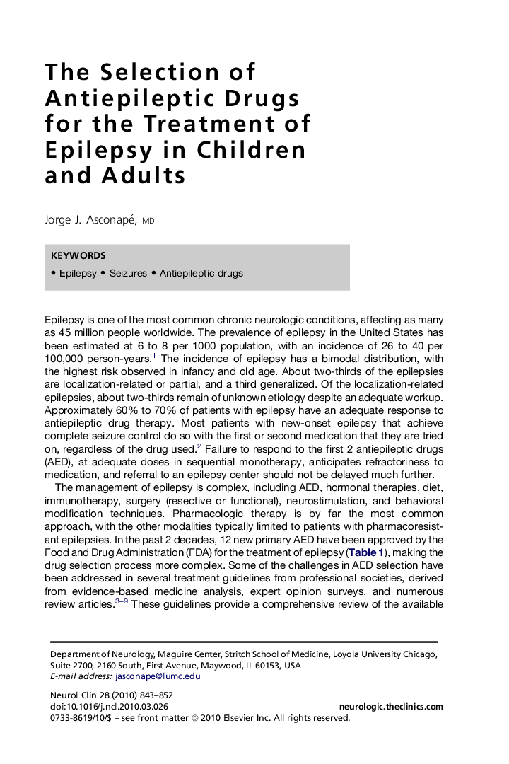 The Selection of Antiepileptic Drugs for the Treatment of Epilepsy in Children and Adults