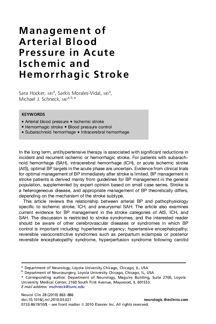 Management of Arterial Blood Pressure in Acute Ischemic and Hemorrhagic Stroke