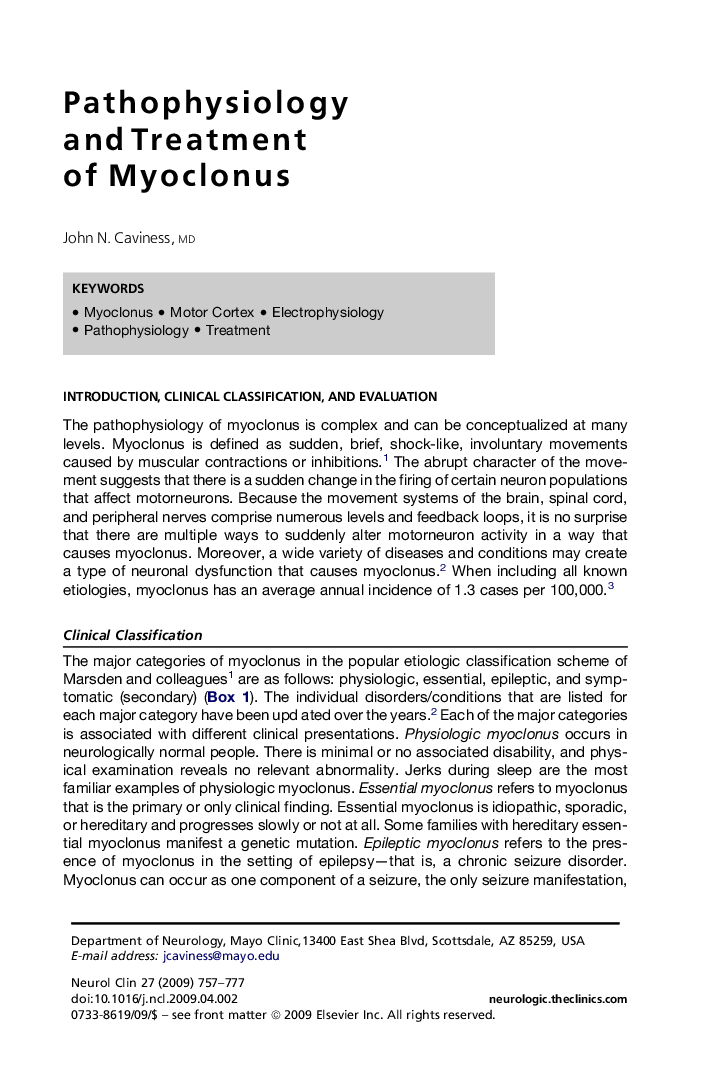 Pathophysiology and Treatment of Myoclonus