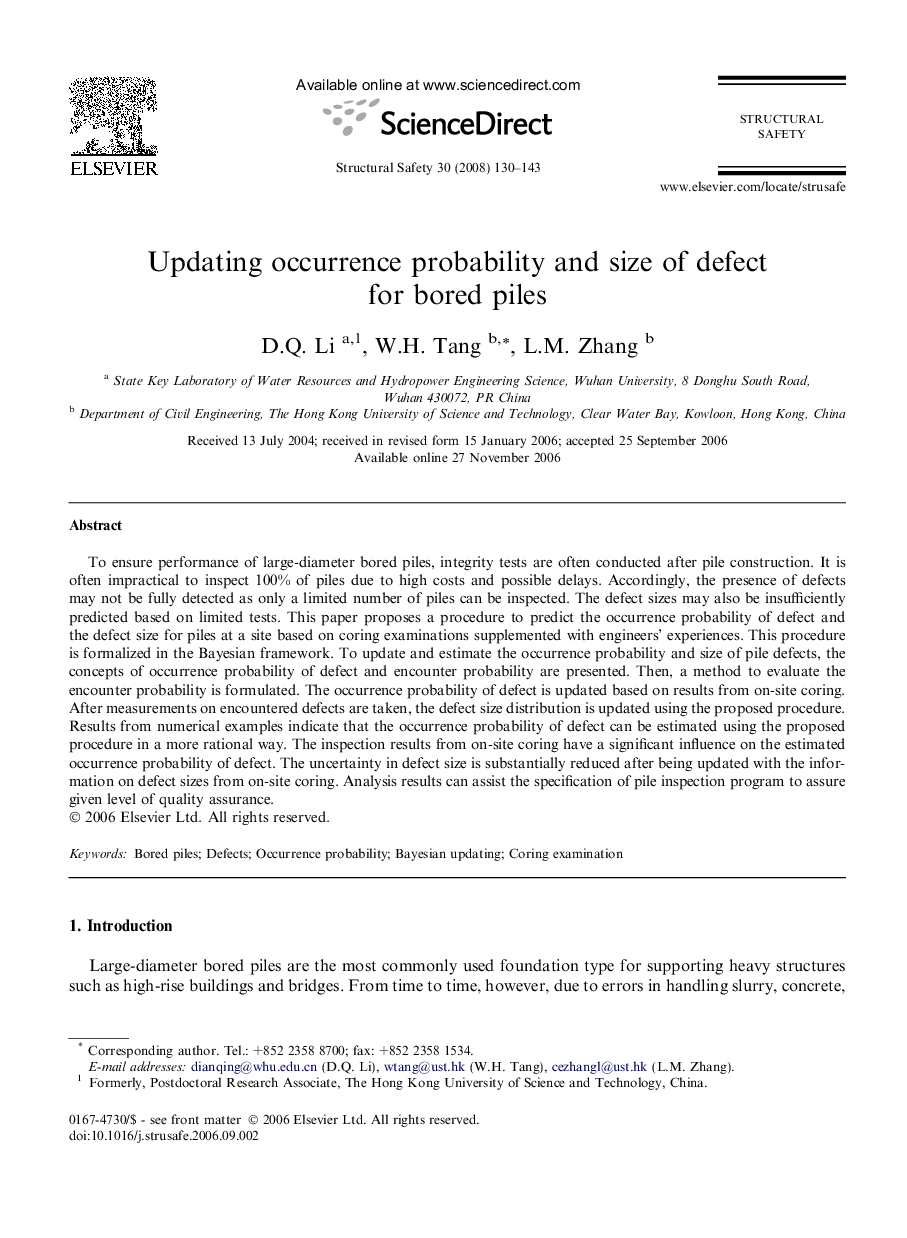 Updating occurrence probability and size of defect for bored piles