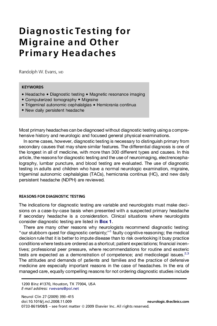 Diagnostic Testing for Migraine and Other Primary Headaches
