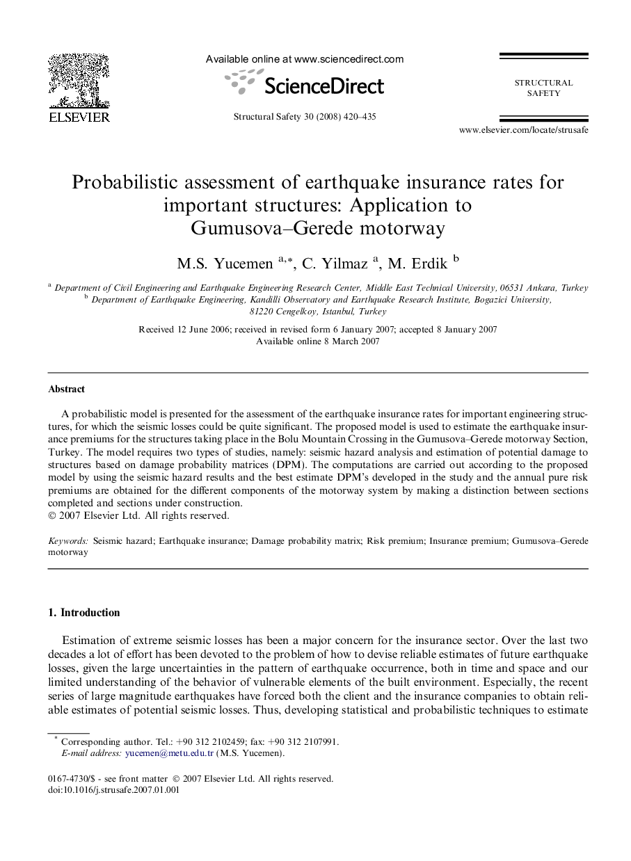 Probabilistic assessment of earthquake insurance rates for important structures: Application to Gumusova–Gerede motorway