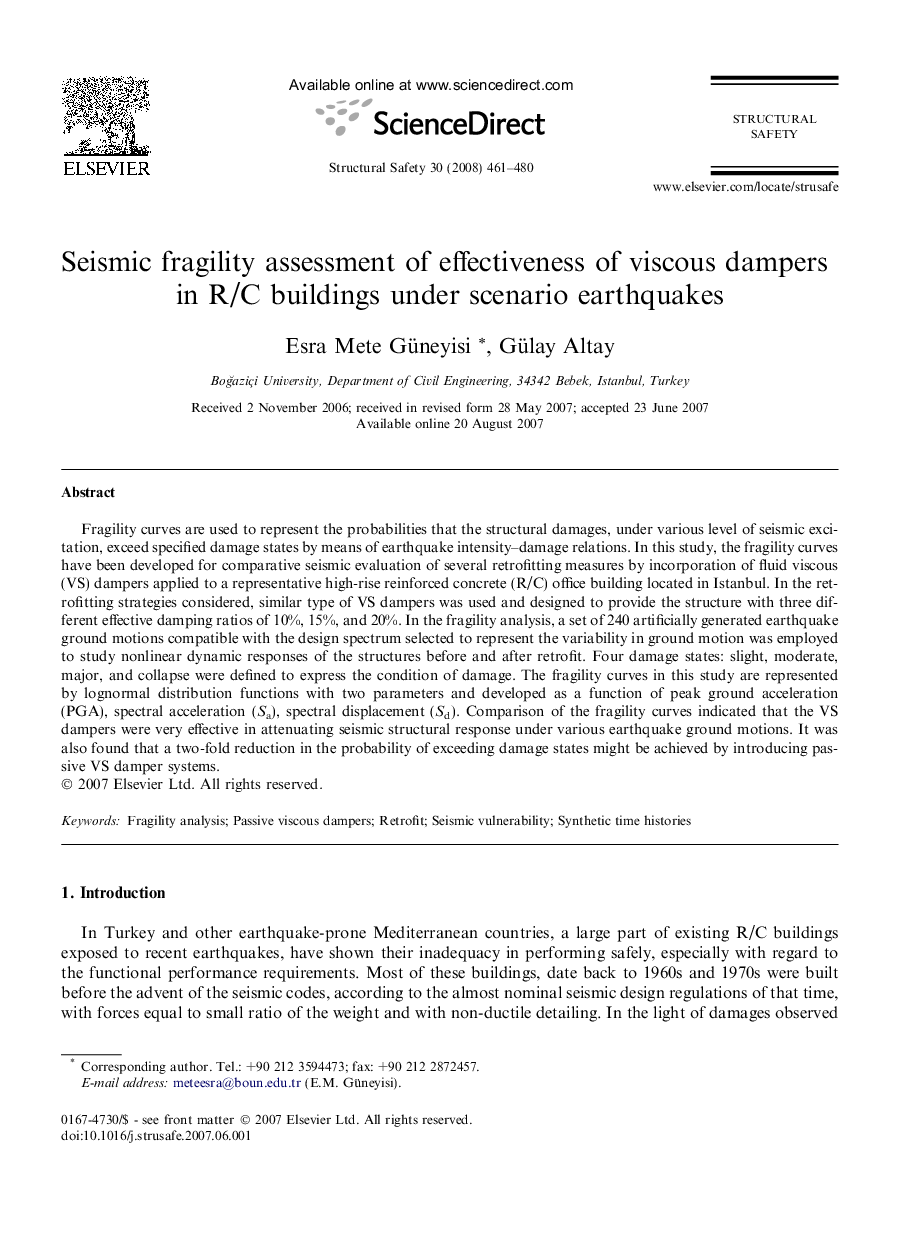 Seismic fragility assessment of effectiveness of viscous dampers in R/C buildings under scenario earthquakes