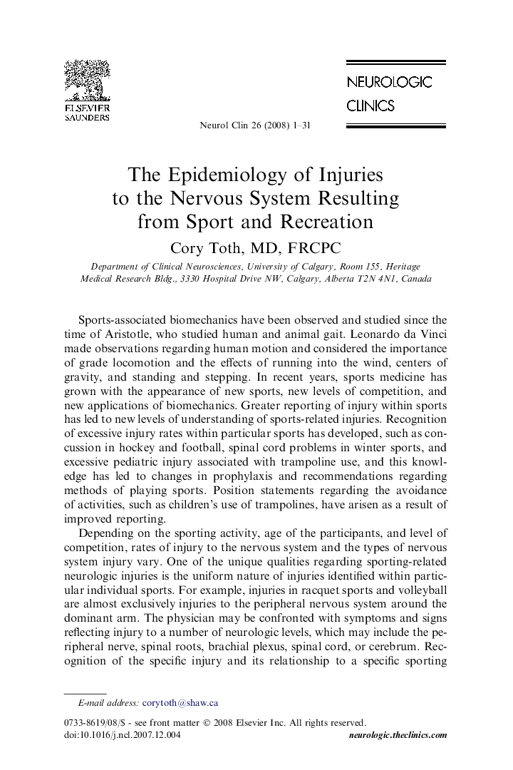 The Epidemiology of Injuries to the Nervous System Resulting from Sport and Recreation