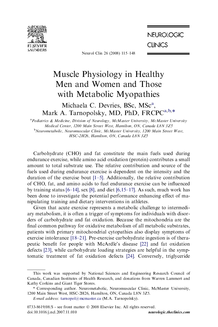 Muscle Physiology in Healthy Men and Women and Those with Metabolic Myopathies