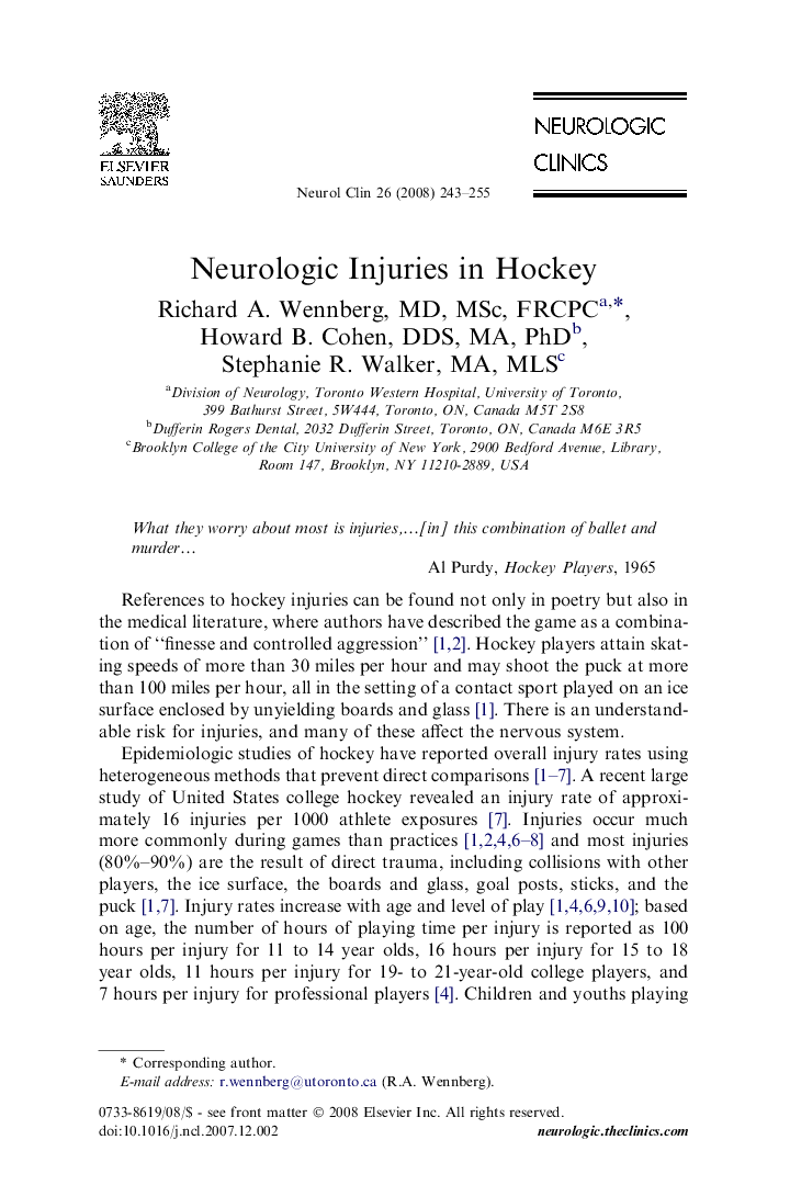 Neurologic Injuries in Hockey