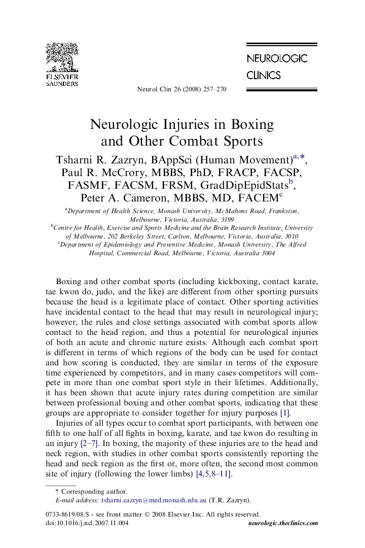 Neurologic Injuries in Boxing and Other Combat Sports