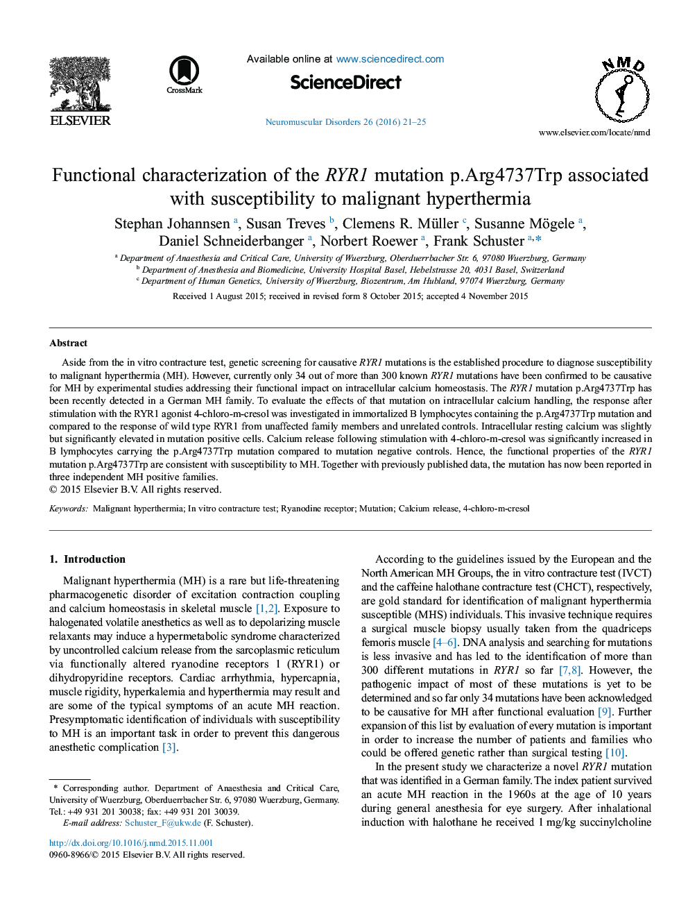 Functional characterization of the RYR1 mutation p.Arg4737Trp associated with susceptibility to malignant hyperthermia