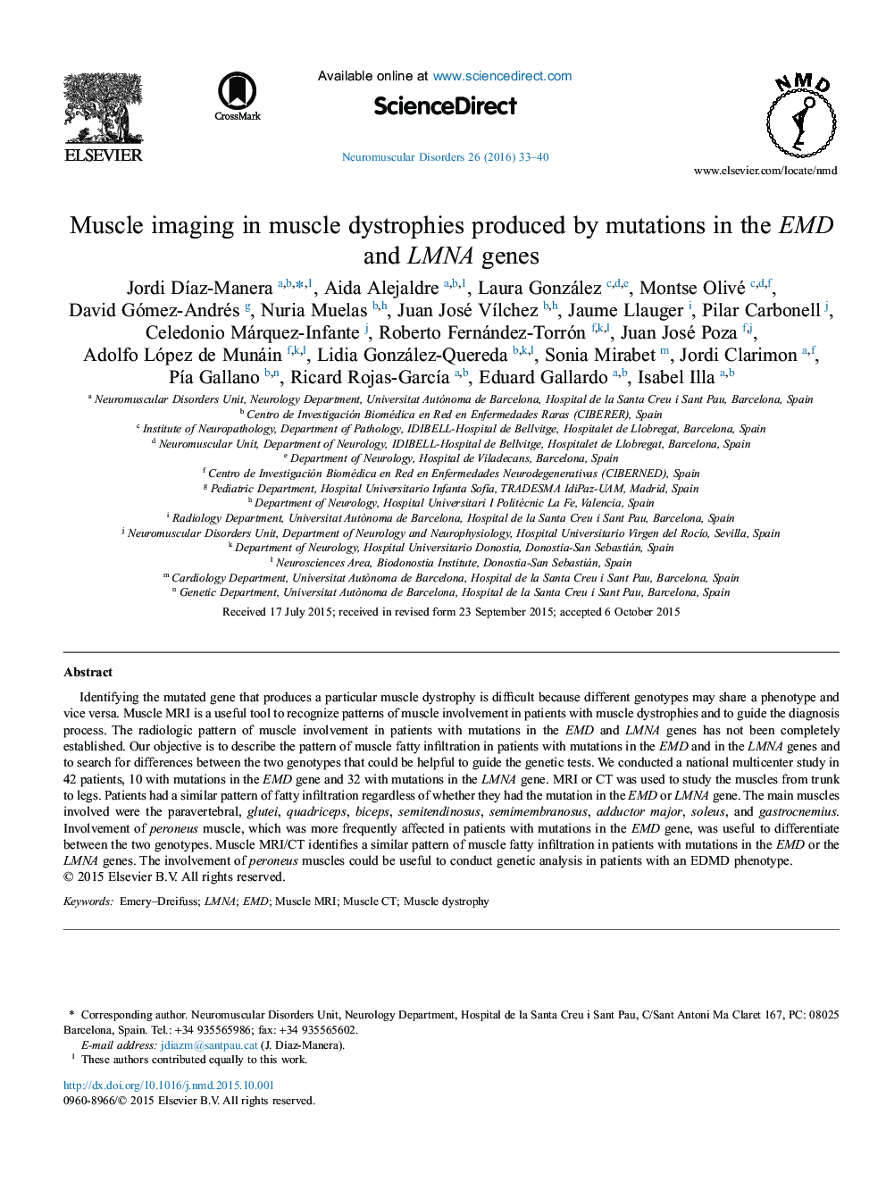 Muscle imaging in muscle dystrophies produced by mutations in the EMD and LMNA genes