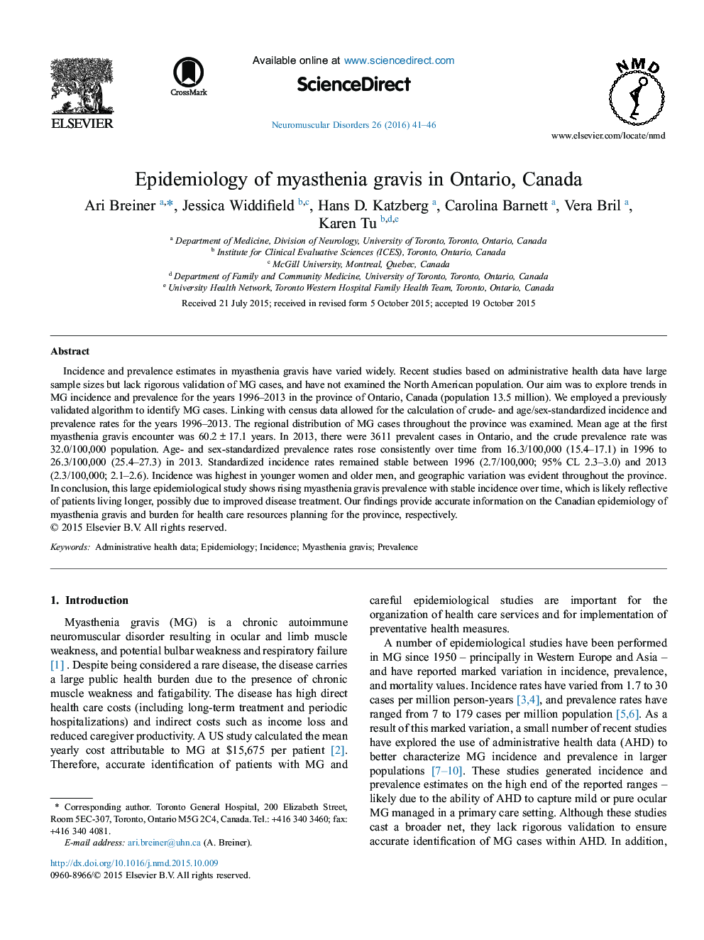 Epidemiology of myasthenia gravis in Ontario, Canada
