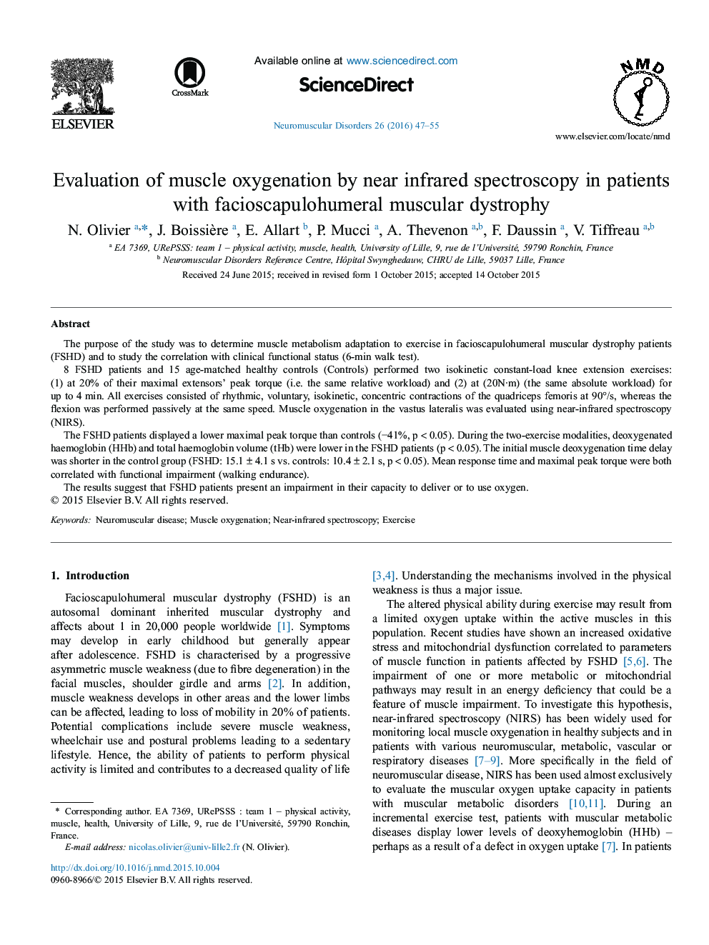 ارزیابی اکسیژن دهی عضله با طیف سنجی نزدیک به مادون قرمز در بیماران مبتلا به دیستروفی عضلانی فیبوساکاپولووومرال