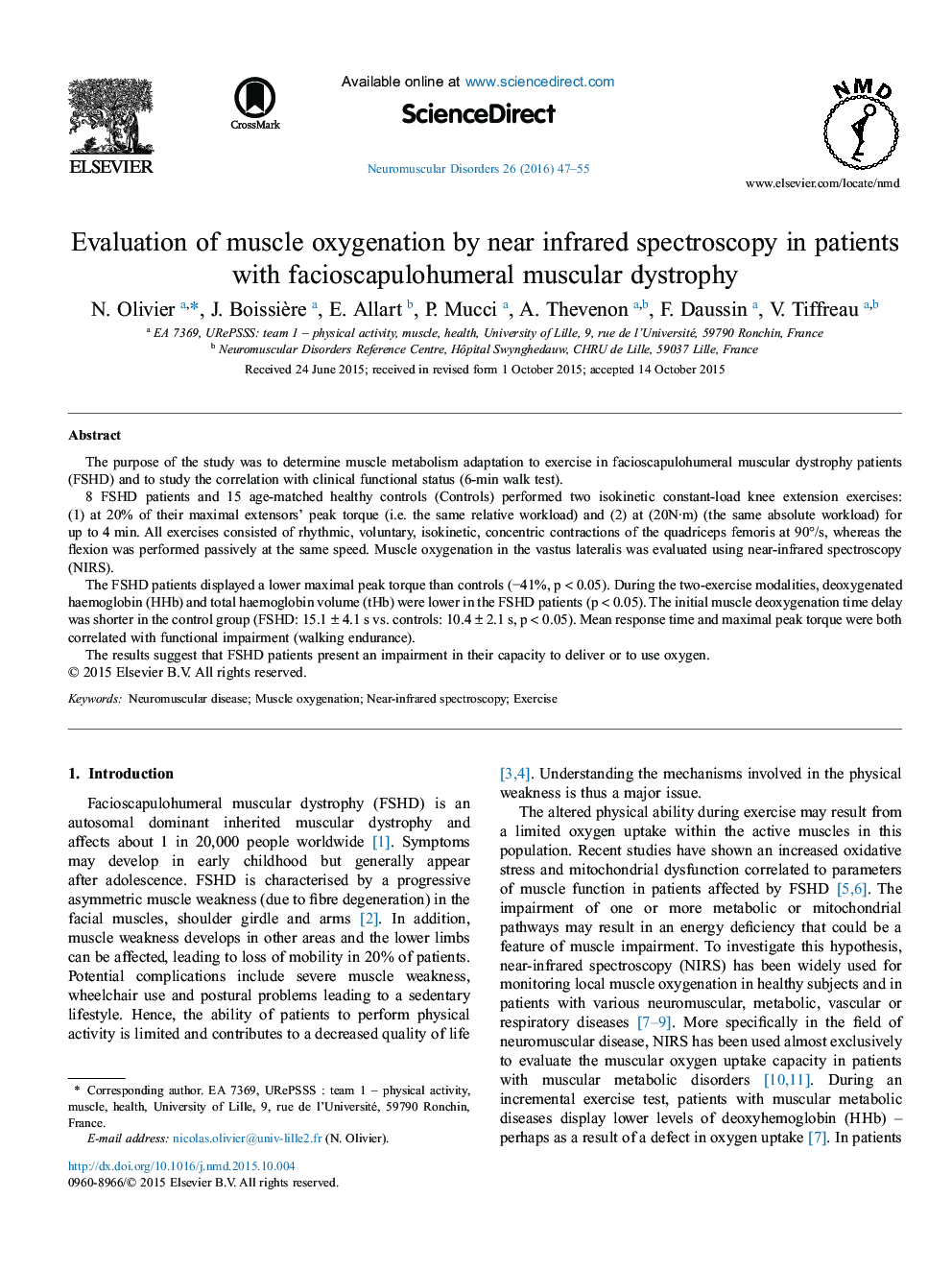 Evaluation of muscle oxygenation by near infrared spectroscopy in patients with facioscapulohumeral muscular dystrophy