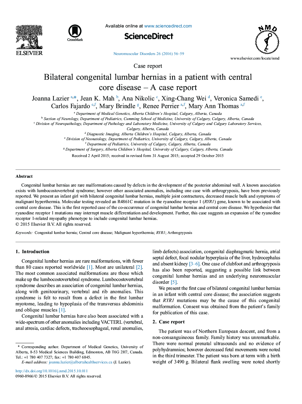 Bilateral congenital lumbar hernias in a patient with central core disease – A case report